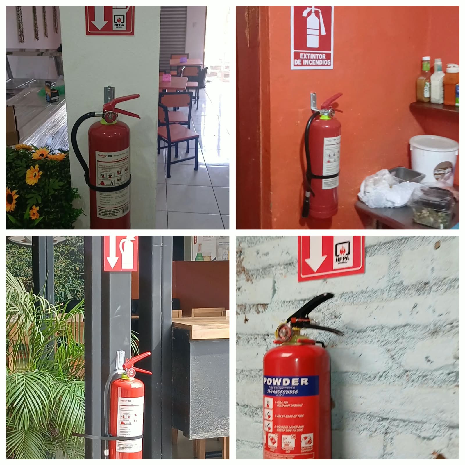 Extintores contra incendios instalados en distintos espacios